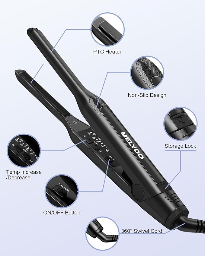 Pencil Flat Iron, 3/10" Small Flat Irons for Short Hair, Mini Hair Straightener with Adjustable Temperature for Edges Pixie Cut and Bangs, Tiny Hair Straightener, Auto Shut Off