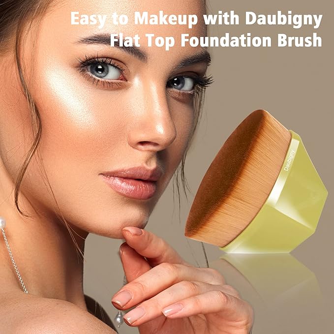 Foundation Makeup Brush Flat Top Kabuki Hexagon Face Blush Liquid Powder Foundation Brush for Blending Liquid, Cream or Flawless Powder Cosmetics with Bonus Protective Case (Yellow)