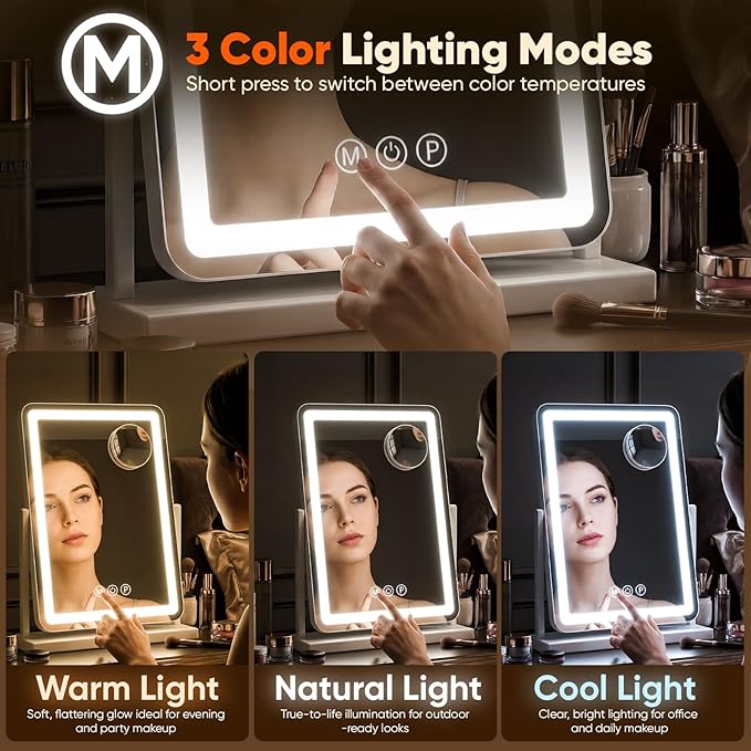 Antok Vanity Mirror with Lights, 22"X19" Lighted Makeup Mirror, Smart Touch, 3 Color Modes and Brightness Adjustable, LED Vanity Mirror with Detachable 10X Magnification, 360° Rotation for Makeup Desk