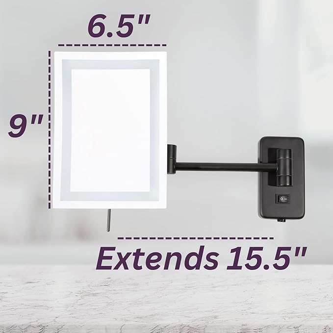 JERDON Rectangular Wall Mount Makeup Mirror - Black Makeup Mirror with 5X Magnification and LED Lights - Direct Wire - Model JRT710BKLD
