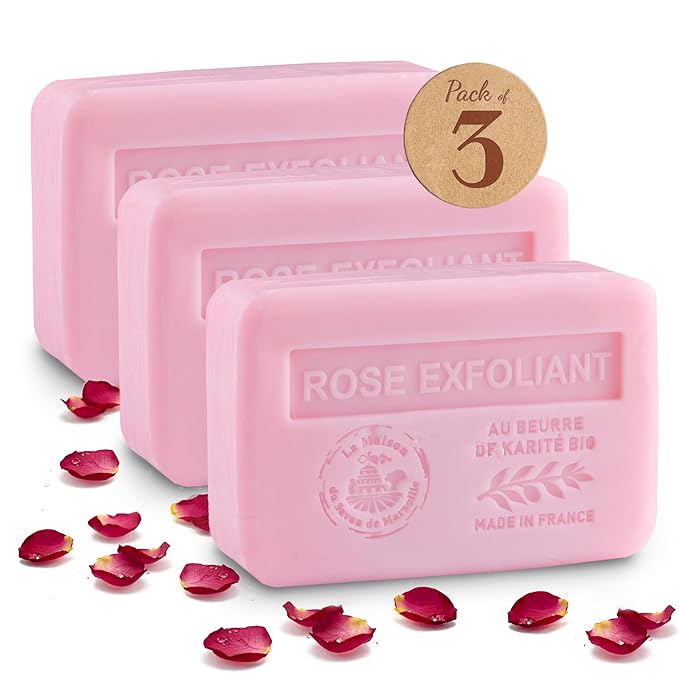 Exfoliating Rose Soap Bars 3xPack – Enriched With Organic Shea Butter - 97% Natural Ingredients - Traditionally Made - French Milled in Provence - Gentle For Skin – 3x8.8 oz - La Maison Du Savon