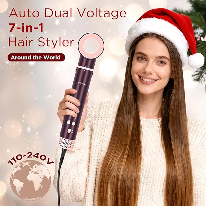 7-in-1 Hot Air Styler, Dual Voltage MaxAIR 2.0 Multi-Styler Set, High Speed Hair Dryer Brush with Air Hair Straightener, 1.1 Inch Auto-Wrap Curlers, 110,000RPM, Christmas Edition, Jasper Plum