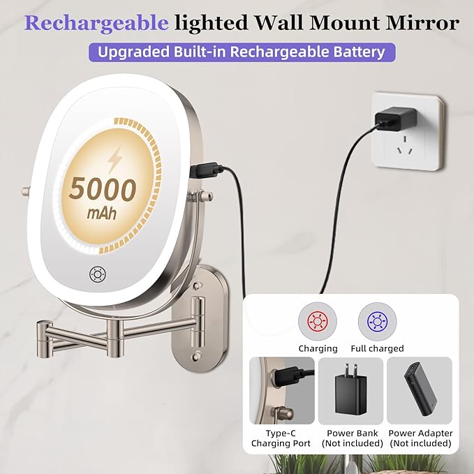 FUNTOUCH 30X/1X Wall Mounted Lighted Makeup Mirror,5000mAh Rechargeable Double Sided Magnifying Bathroom Lighted Mirror, 3 Color Modes Touch Dimmable Extended Arm 360 Rotation, Brush Nickel