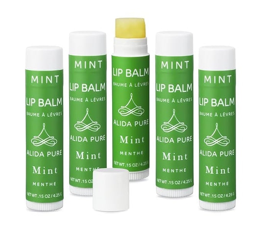 ALIDA PURE Mint Lip Balm Collection, Vegan Set, Beeswax Free, with Organic Jojoba and Avocado Oil, Vitamin E, Natural Moisturizer for Dry, Chapped Lips, 5 Tube Set