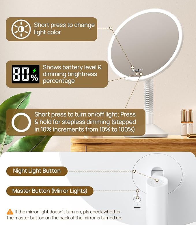 Gospire 10.8 Inch 2-in-1 Large Vanity Mirror with Lights & Bedside Table Lamp, Height Adjustable Lighted Makeup Mirror with Magnification 10X, 5000mAh Battery, 3-Color Desk Light Up Mirrors Bathroom