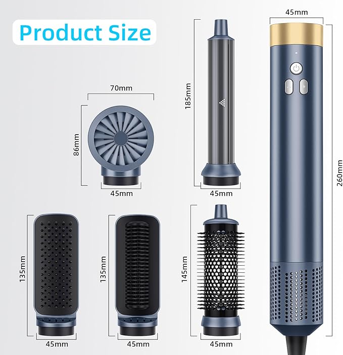 6-in-1 Hair Styler, Hair Dryer, Multi-Function Hot Air Brush Set, Ionic Blow Dryer with Interchangeable Attachments for Curling, Straightening (Gemstone Blue)