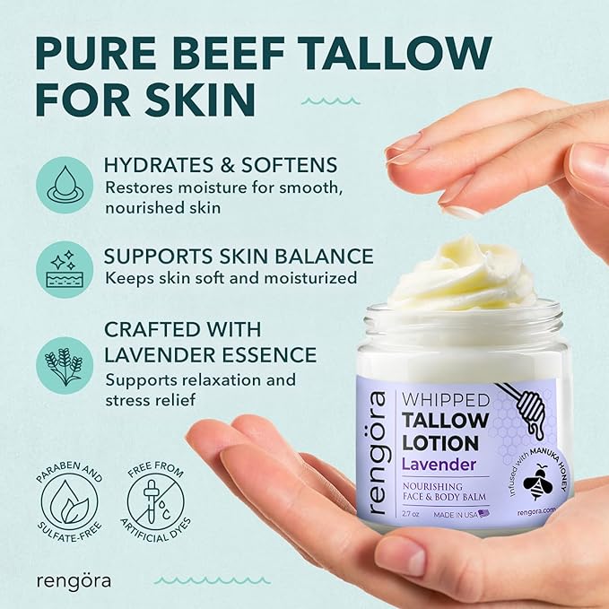 rengöra Whipped Tallow Balm - Lavender Beef Tallow for Skin 2.7oz - Grass Fed Beef Tallow Made in USA - Intense Hydration Skin Moisturizer for Men + Women with Jojoba Oil and Manuka Honey