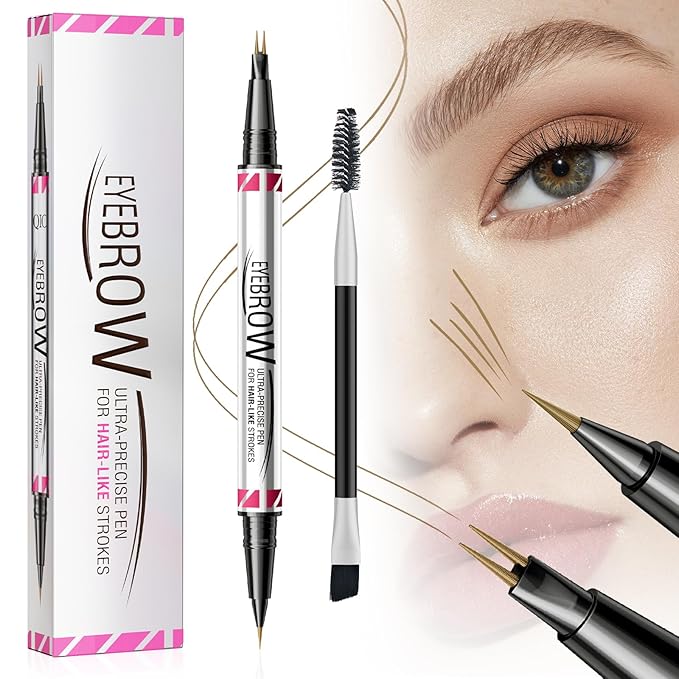 Eyebrow Pen, Brow Pencil 2-in-1 Dual-Ended Microblading Eyebrow Pencil with Micro-Fork-Tip & Precise Brush-Tip Crease Natural Hair-Like Brows, Last All-Day (Light Brown)
