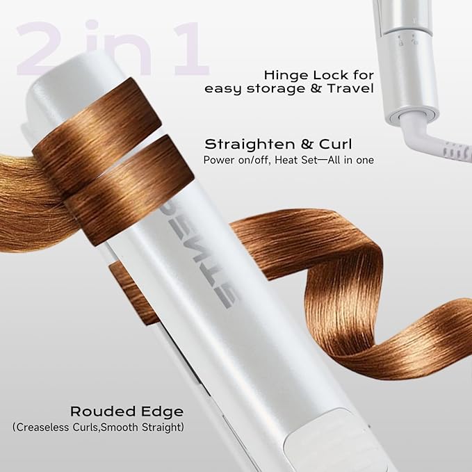 Titanium Flat Iron Hair Straightener and Curler 2 in 1 with Quick Fast Heating, 1 Inch Professional Straightening Iron, 5 Temp Settings for All Hair Types, Dual Voltage & Auto-Shut Off(White)