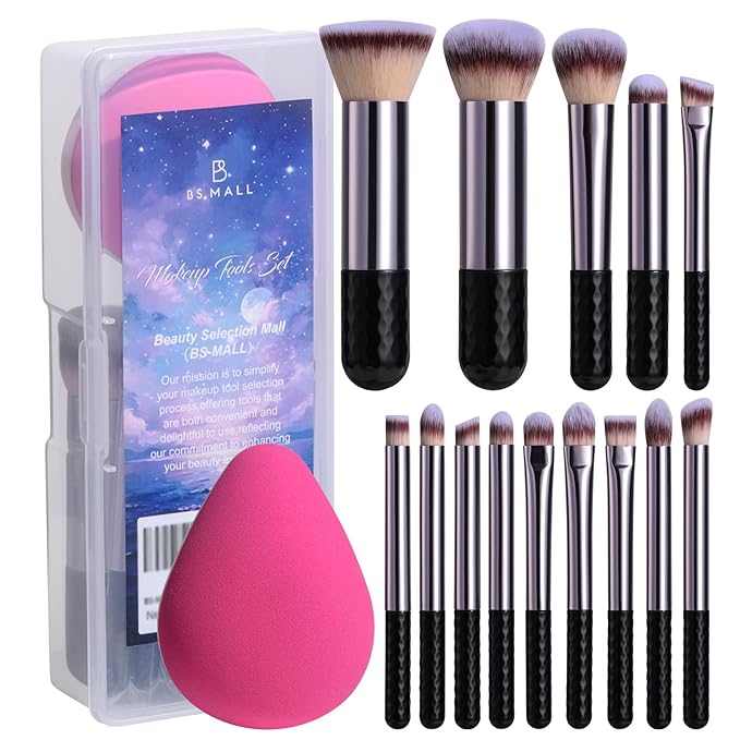 BS-MALL 14 Pcs Makeup Brushes Set With Dual-sided Beauty Blender Sponge - Foundation Brush & Makeup Sponge,premium Luxury Brush Collection For Face & Eye,for Flawless Application (Purple)