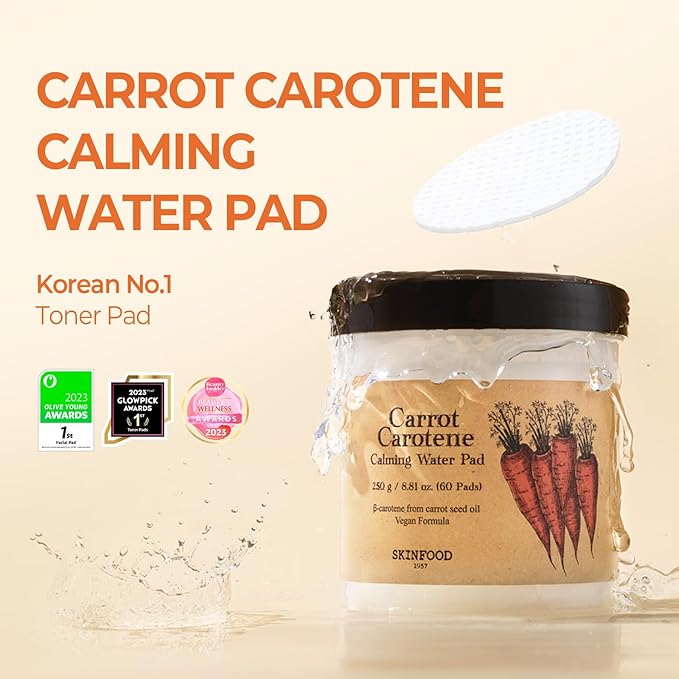 SKINFOOD Carrot Carotene Toner Pads, Hydrating & Soothing, Cotton Facial Toner Pads for Sensitive Skin, Korean Skincare for Face, Quick Calming, After Sun & Heat Care, 60 Pads