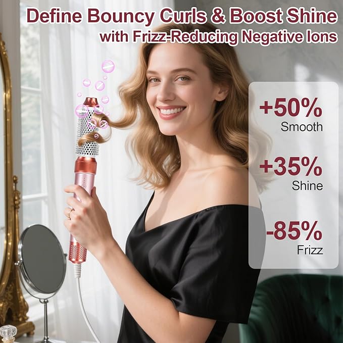 Hot Air Brush Blow Dryer, 7-in-1 Styler Curling Wrap&Hair Dryer - 110,000 RPM Negative Ion, 3 Temp Settings for Straightening/Curls/Drying/Smoothing-Hair Styling Tool