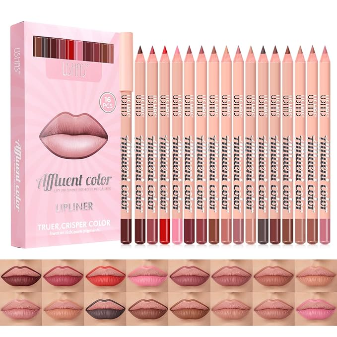 USHAS 16 Pcs Lip Liner Pencil - Matte Lip Liner Set Lip Makeup Soft Pencils for women, Natural Lip Liners Smooth Lipstick pencil (16 Colors (01-16), Pack of 1)