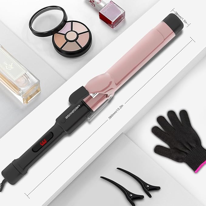 MegaWise Pro 1 1/4 inch Ceramic Barrel Hair Curling Iron, 60s PTC Fast Heating Tech, Anti-Scald Insulated Grip &Tip, Auto Shut Off and 360° Swivel Cord, 2 Clips and Heat-Resistant Glove Included