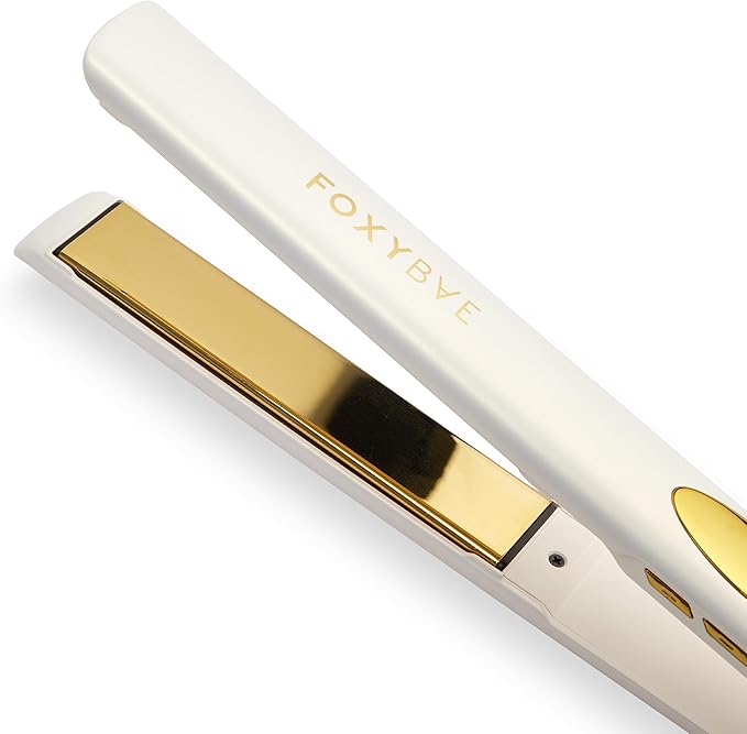 FoxyBae Trés Sleek Titanium Flat Iron Hair Straightener - Frizz-Free, Shinier & Smoother Hair - Dual Voltage Hair Styling Tools - w/LCD Display, Temperature Control, Auto Shut-Off 1" [Pearl Gold]