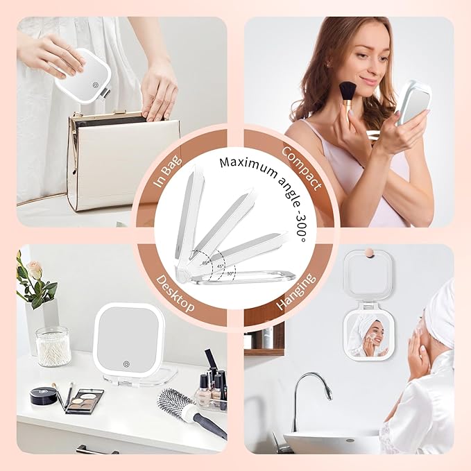 FASCINATE Compact Travel Makeup Mirror with Lights and Magnification, 3.5 inch Portable 1X/20X Magnifying Mirror with 3 Color Light, Folding, Handheld (White)