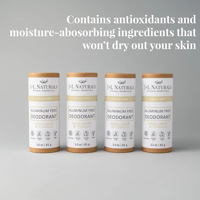 J&L Naturals Aluminum Free Deodorant for Men & Women | 100% Natural Ingredients With Coconut Oil, Shea Butter, & Essential Oils | Sustainable, Eco-Friendly (Bergamot & Vanilla, 3.0 Oz (Pack of 4))