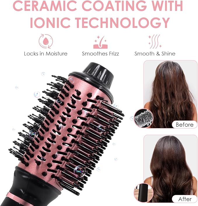 Blow Dryer Brush, 4 in 1 Hair Dryer Styler for Medium Long Hair, 2.5 Inch Oval Ceramic Barrel One Step Hot Air Brush for Blow Drying Straightening Volumizing, Less Frizz, More Shine