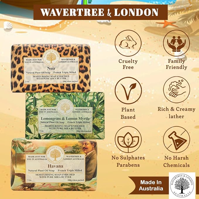 Wavertree & London Trio Gift Box (3 Bars) - 7oz Noir, Lemongrass and Havana Scented Moisturizing French Triple Milled Natural Soap Bars - Pure Plant Oil Soap Bars for All Skin Types