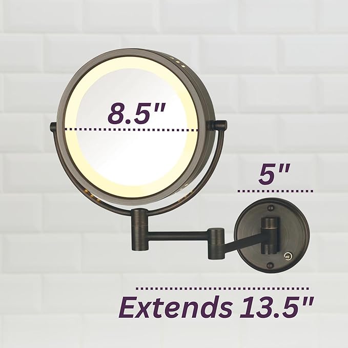 JERDON Two-Sided Wall-Mounted Makeup Mirror with Lights - Lighted Makeup Mirror with 8X Magnification & Wall-Mount Arm - 8.5-inch Diameter Mirror with Bronze Finish Wall Mount - Model HL75BZ