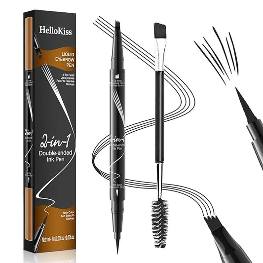 Eyebrow Pen, 2-in-1 Dual-Ended Microblading Eyebrow Pencil, Magical Faux Brow Pen with 4-Fork-Tip & Precise Brush-Tip Create Natural Hair-Like Brow, Waterproof, Stay on All Day, Black