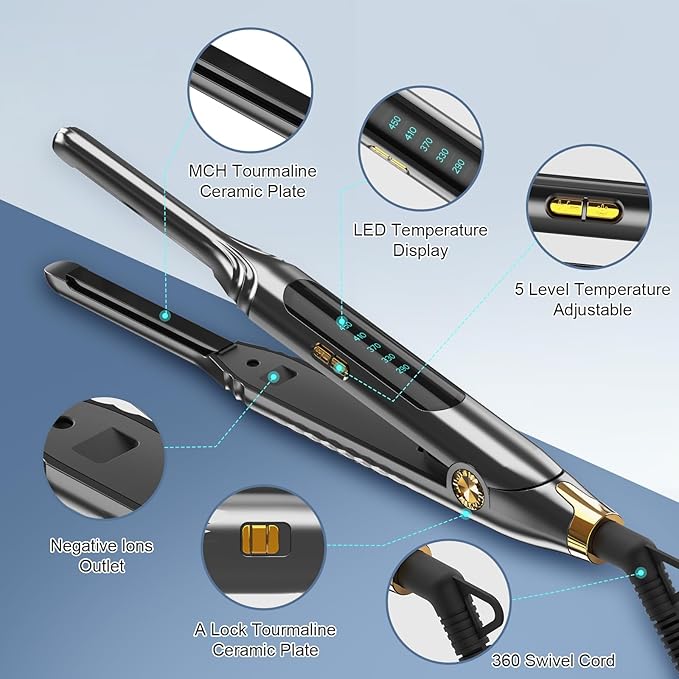 Small Flat Iron 3/10'' Mini Flat Irons for Short Hair,Pixie Cut & Bangs,Pencil Hair Straightener for Edges with LED Display,Travel Tiny Hair Straightener with Dual Voltage,Auto Shut Off（Gray）