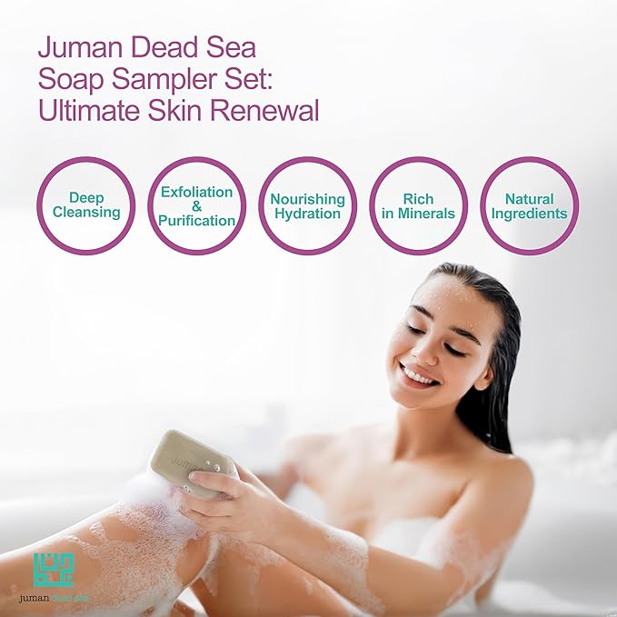 JUMAN Dead Sea Minerals Soap Bar | Variety Pack | Enriched in Vitamin E | Infused with Plant Extracts | SLS & Paraben Free | Soap for Acne, Dark spots, Eczema & Blackheads | From 4oz (Pack of 4)