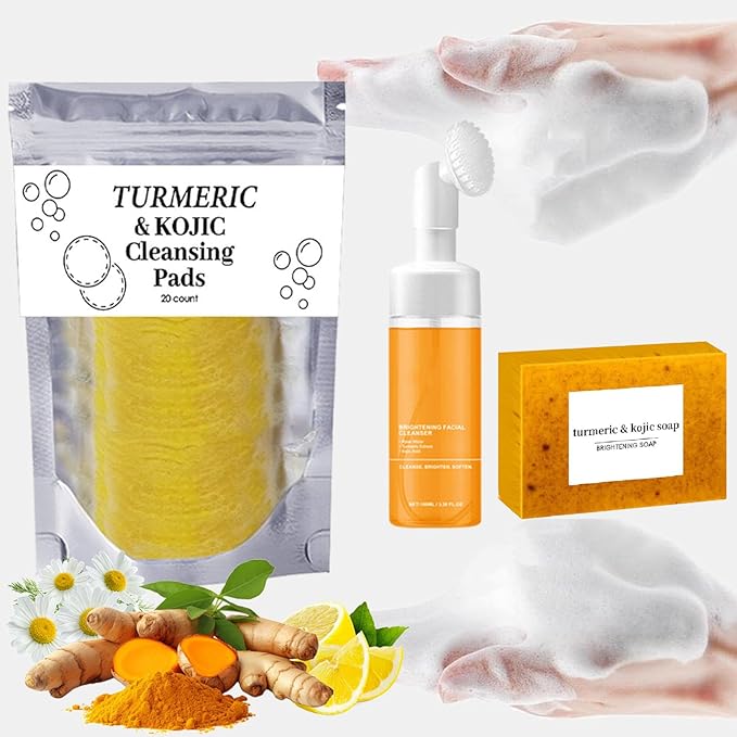 Turmeric Wash and Care Three Piece Set, Turmeric Trio: Facial Wash, Cleansing Mousse & Soap for Skin Care, Turmeric Cleansing Exfoliating Pads, Turmeric Face Wash for Face & Body