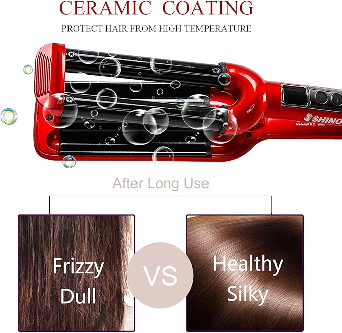 Mannice Ceramic Hair Iron, 3 Barrel Curling Iron 0.6 inch / 16mm Perm Instant Curls, Hair Crimper and Wavers, Red (8 inches), Ideal Gift for Valentine's Day or Mother's Day
