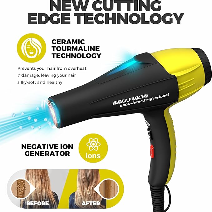 High-Power 2200W Ionic Hair Dryer - Fast-Drying, Constant Temperature Technology, AC Motor - Ideal for Curly Hair Care, Suitable for All Hair Types - HairDryer for Both Women and Men Black/Yellow