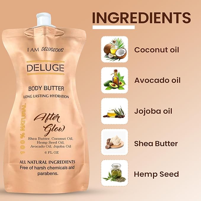 DELUGE - Body Butter- Afterglow -100% Natural. Shea Butter, Coconut Oil, Hemp Seed Oil, Avocado Oil, Jojoba Oil. 6 oz.