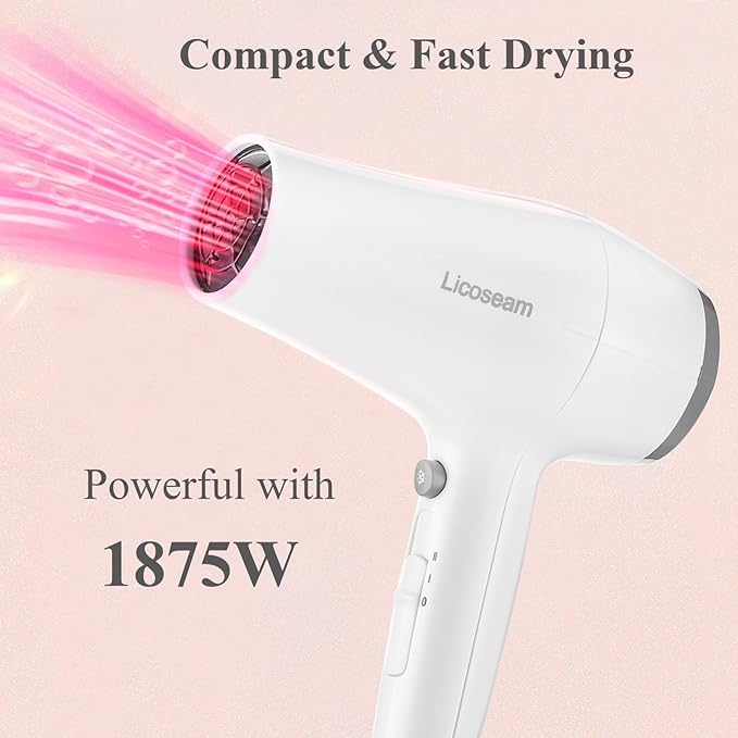 Hair Dryer, 1875W Compact Hair Blow Dryer, with Diffuser and Concentrator, White