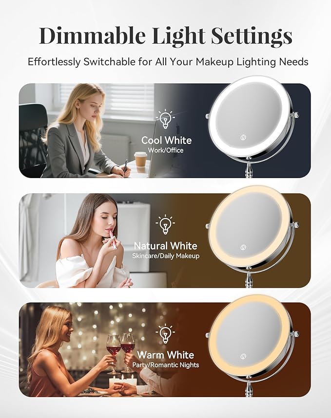 DOWRY 4000 mAh Rechargeable Lighted Makeup Mirror 20x Magnification Vanity Mirror Tabletop Two-Sided Swivel Gifts for Women Wife Mom Teengirls Chrome