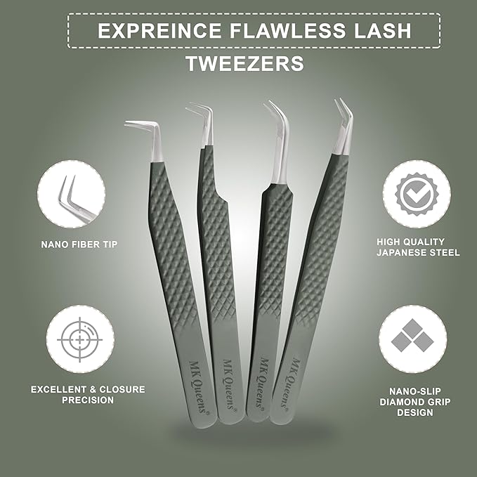 Fiber Tip Lash Tweezers For Eyelash Extension Tweezers Professional Eyelash Extension Tweezer - Set of 4 Pcs Diamond Grip Stainless Steel Fiber Tweezer (4, Green)