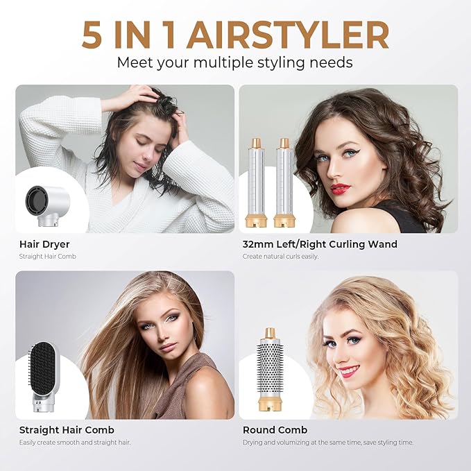 5 in 1 Blow Dryer Brush, Hair Dryer Brush Set Negative Ion Upgrade Hot Air Brush Air Styler Curling Wrap Air Curler, Curling Iron Hair Styling Tools As A Gift for Straight/Curl/Drying/Smoothing