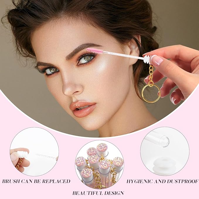 20pcs Mascara Wands Set Includes Crystal Eyelash Spoolies Eyebrow Brush and Reusable Diamond Key Chain Tube Eyelash Extension Supplies (Pink)