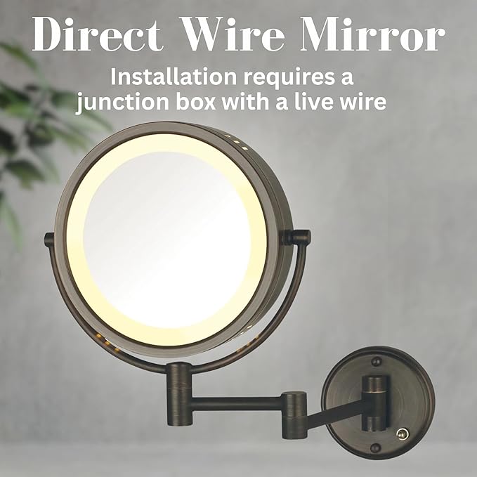 JERDON Two-Sided Wall-Mounted Makeup Mirror with Lights - Direct-Wired Lighted Makeup Mirror with 8X Magnification - 8.5-inch Diameter Mirror with Bronze Finish Wall Mount - Model HL75BZD