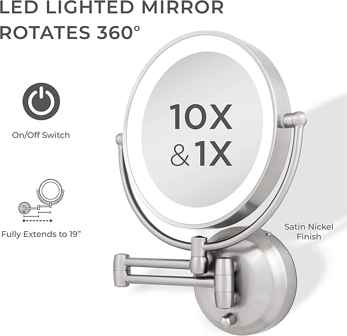 Zadro 11" LED Wall Mounted Makeup Mirror 10X/1X Shaving Mirror Cordless or Battery Operated Vanity Mirrors for Wall