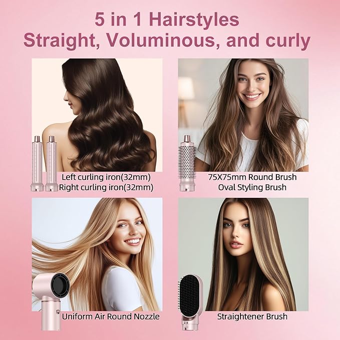 5 in 1 Hot Air Styler - Blow Dryer Brush & Air Curling Wrap Styler with Negative Ion Technology, Hair Dryer Brush for Drying, Curling, Straightening & Styling, Professional Hair Styling Tools