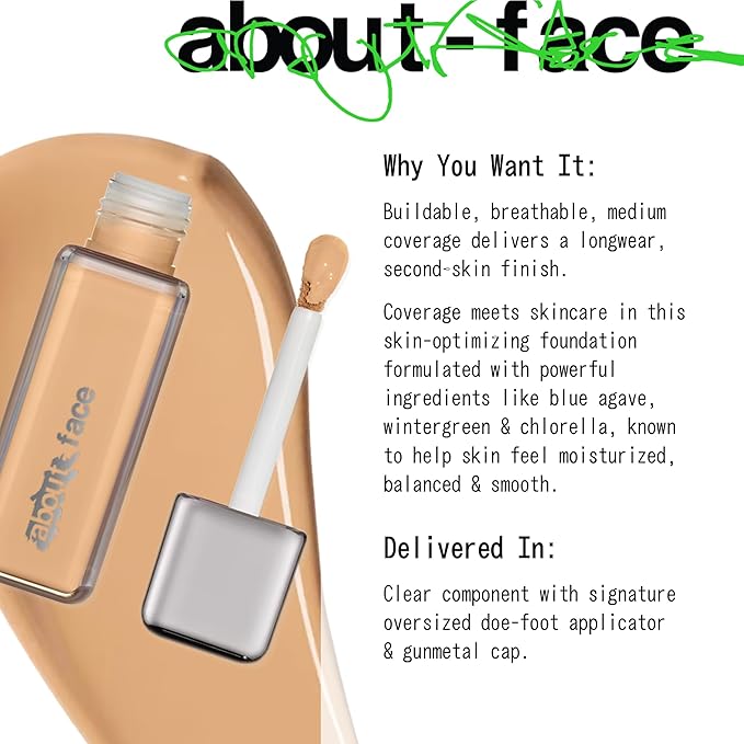 about-face THE PERFORMER Skin-Focused Foundation LM2Peach – Medium Coverage, Long-Wear, Breathable & Buildable Base – Clean, Vegan, Hydrating Formula with Blue Agave & Chlorella – 1.08oz