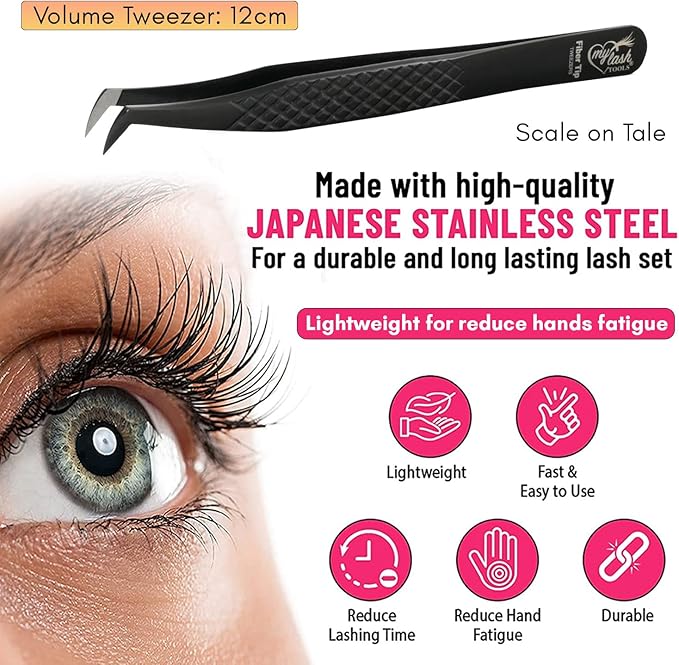 Fiber Tip Mega Boot Volume Lash Tweezer – Professional Eyelash Extension Tool, Diamond Grip, Non Slip, Stainless Steel Tweezers for Volume Fans, Classic, and Mega Volume Lash Applications (Black)