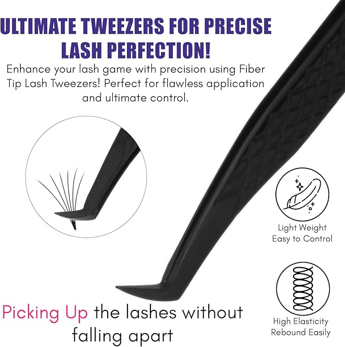 Fiber Tip Mega Boot Volume Lash Tweezer – Professional Eyelash Extension Tool, Diamond Grip, Non Slip, Stainless Steel Tweezers for Volume Fans, Classic, and Mega Volume Lash Applications (Black)