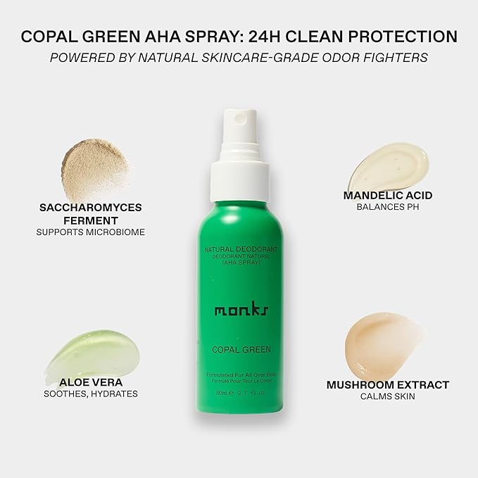 MONKS Whole Body Natural Deodorant Spray - For Women and Men, Aluminum-Free, Baking Soda Free, Probiotics, Organic AHA’s, Pure Essential Oils (Copal Green)