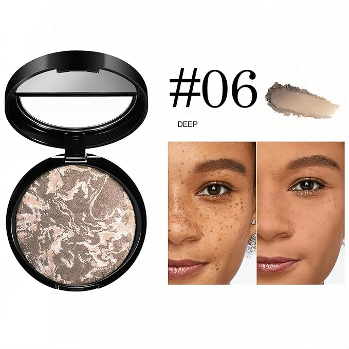 MAEPEOR Baked Setting Powder Brighten Color Correcting Powder Foundation Natural Smooth Lightweight Oil-Control Pressed Foundation (06 Deep)