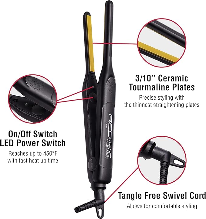 RED by KISS 2 Pcs Styling Set, 0.3” Ceramic Tourmaline Pencil Flat Iron & 6 Fl Oz Heat Protectant Hair Serum with Castor & Coconut Oil, for Edges, Tight Curls, Twist Styles & Frizz Control