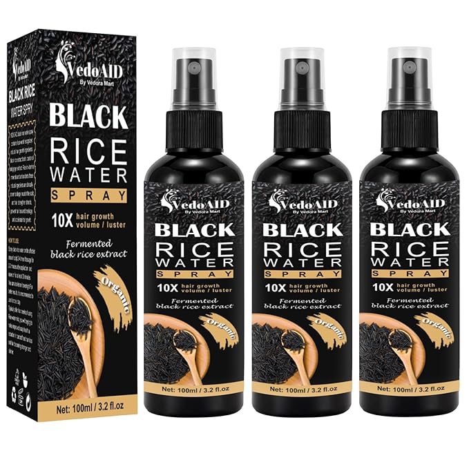 Black Rice Water Spray for Hair Growth – Organic Hair Serum with Castor Oil & Ginger Root – Strengthens, Thickens & Repairs Hair – Hair Loss Treatment for Women & Men – 100ml/3.2 fl.oz (3pc)