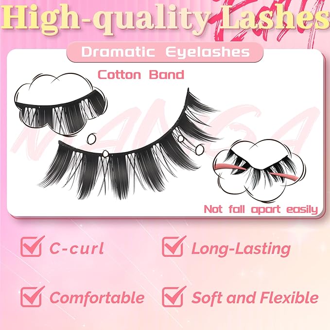 Ahrikiss Lashes Spiky Manga Lashes Anime False Eyelashes 8 Pairs Faux Mink Lashes Kit with Lash Glue and Lash Tweezers Cosplay Thick Fake Eyelashes Soft Wispy Strip Lashes (Doll Kit)