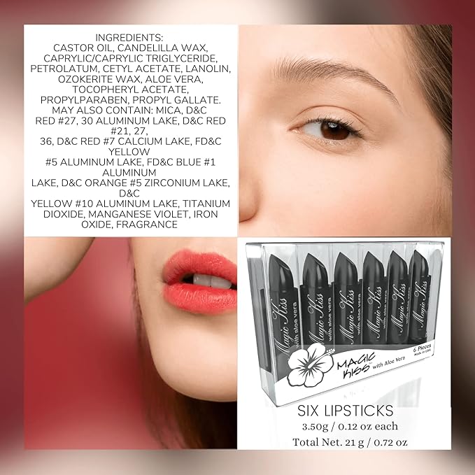 Magic Kiss Lipstick Set Aloe Vera Color Changing 6 Pack MADE IN USA (Black)