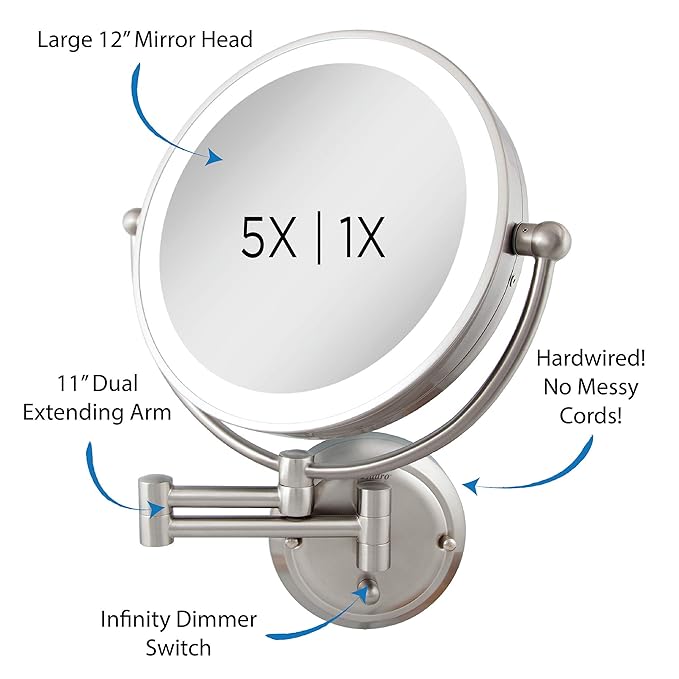 Zadro 14" Round Fluorescent 5X/1X Bathroom Magnifying Mirror Wall Mounted Makeup Mirror 20" Extendable Shaving Mirror
