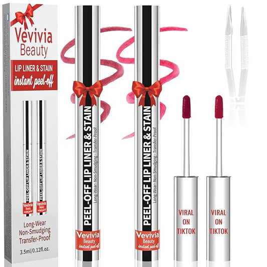 2pcs Lip liner Stain Peel Off,Lip Stain Waterproof Long Lasting,2-in-1 Lip Liner with Tweezer,Non-Fading Peel Off Lip Color,Stay On All Day,Perfect for Gift ,Highly Pigmented Color(Mauve+Rose)